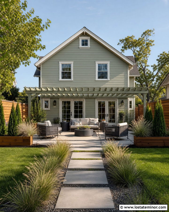 Sage Green House With Privacy Fence And Lounge - 30 Sage Green House Design With Backyard Ideas