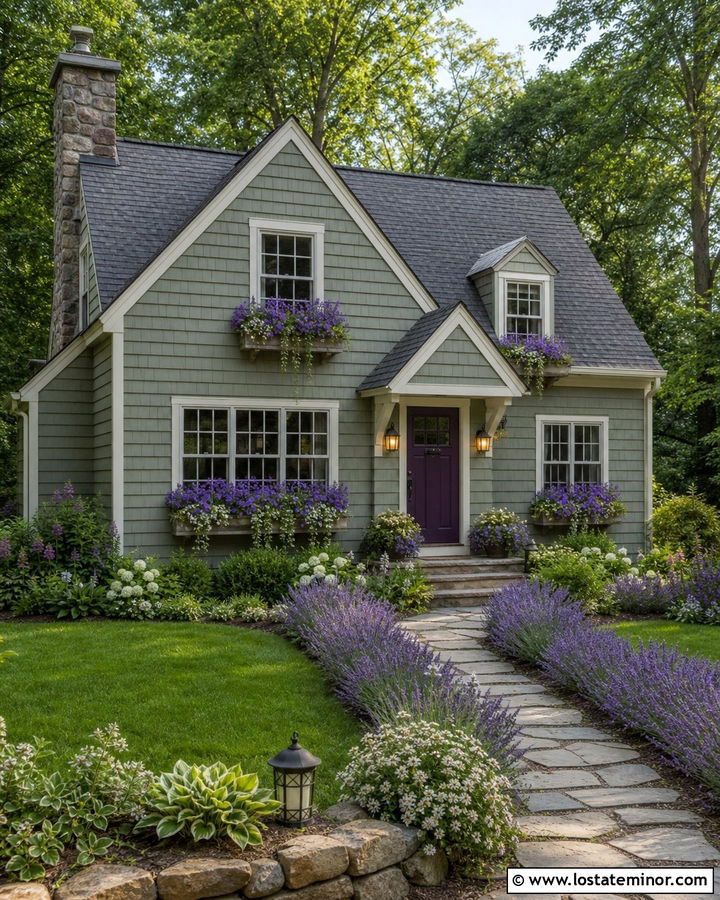 Sage Green House With Purple Flower Window Boxes - 30 Sage Green House Design With Window Boxes Ideas