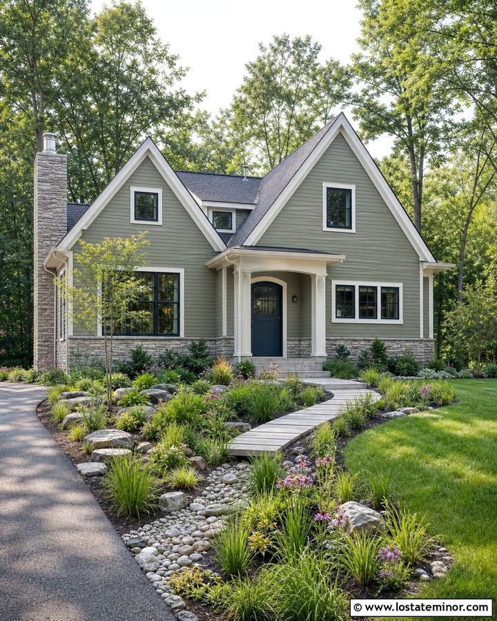 Sage Green House With Rain Garden Landscaping - 30 Sage Green House Design With Landscaping Ideas