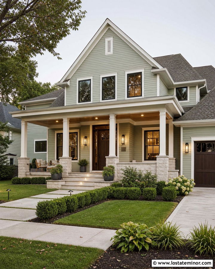 Sage Green House With Recessed Porch Lighting - 30 Sage Green House Design With Light Fixtures Ideas