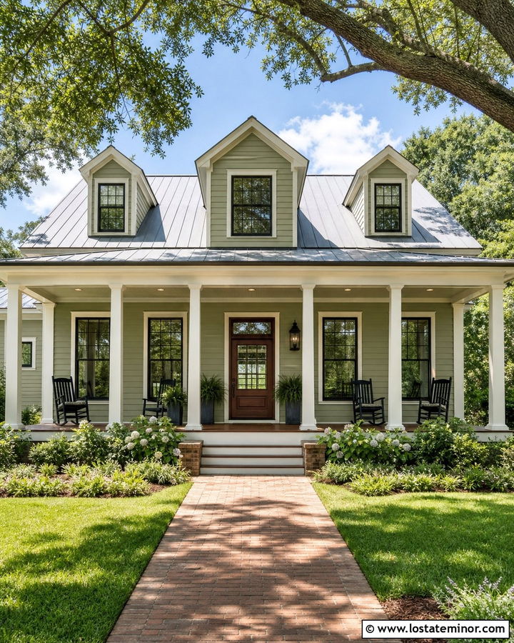 Sage Green House With Recessed Porch Lights - 30 Sage Green House Design With Lighting Ideas