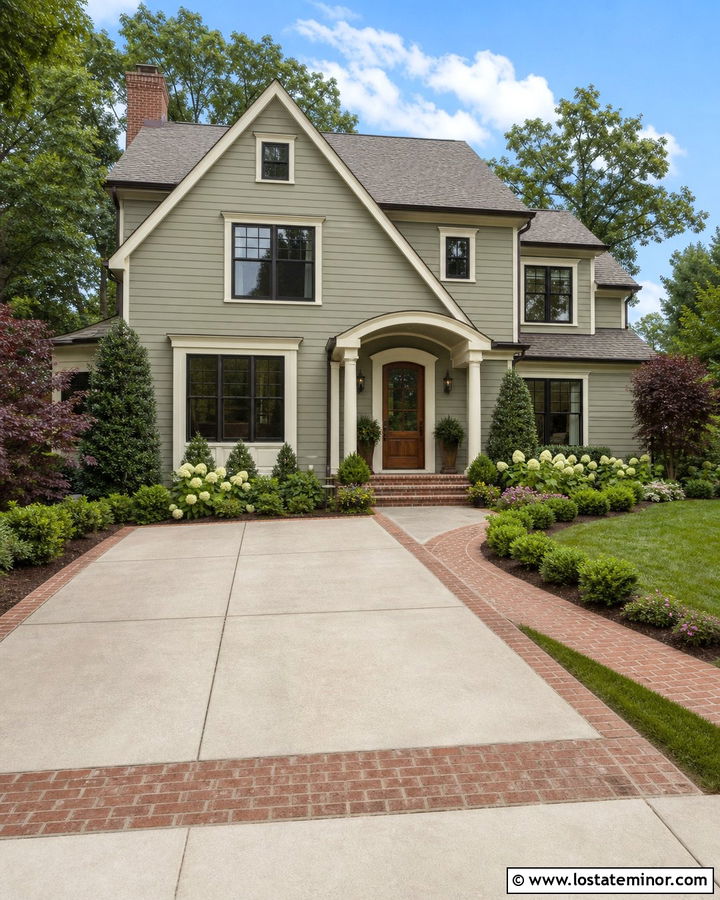 Sage Green House With Red Brick Accents And Driveway - 30 Sage Green House Design With Driveway Ideas