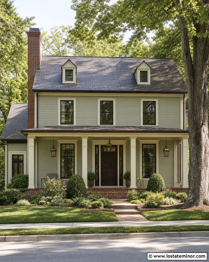 Sage Green House With Red Brick And Copper Lights - 30 Sage Green House Design With Light Fixtures Ideas