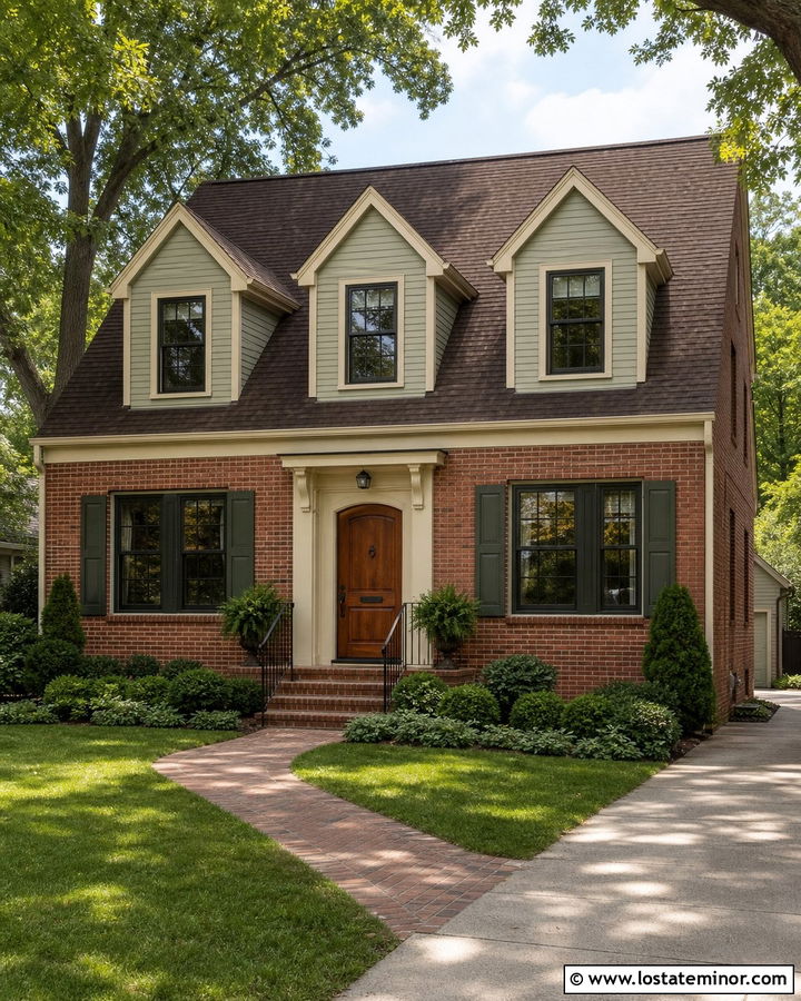 Sage Green House With Red Brick And Dormers - 30 Sage Green House Design With Dormers Ideas