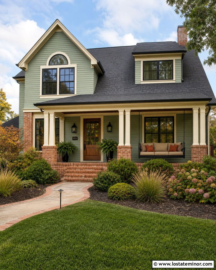 Sage Green House With Red Brick And Porch Daybed - 30 Sage Green House Design With Daybed Ideas