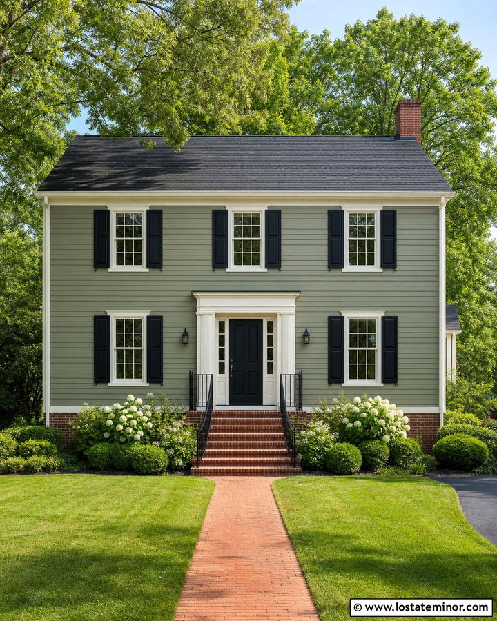 Sage Green House With Red Brick Porch And Black Railings - 30 Sage Green House Design With Railings Ideas
