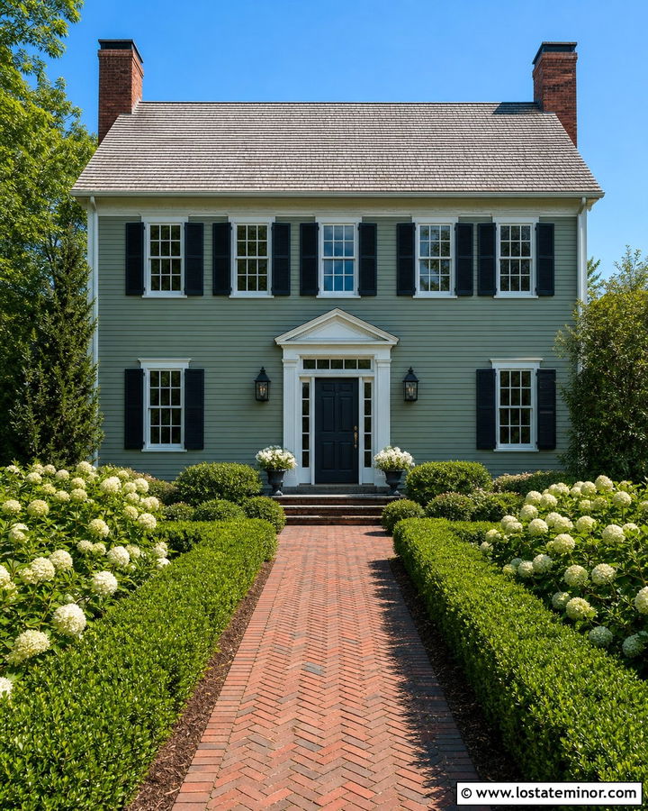 Sage Green House With Red Brick Walkway - 30 Sage Green House Design With Walkway Ideas
