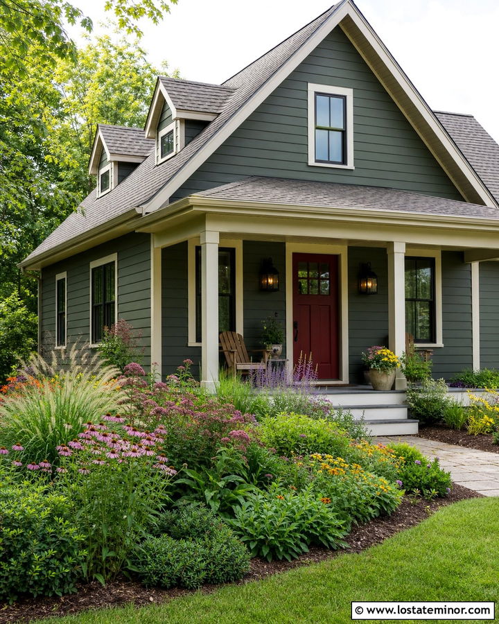 Sage Green House With Red Door And Pollinator Garden - 30 Sage Green House Design With Front Yard Ideas