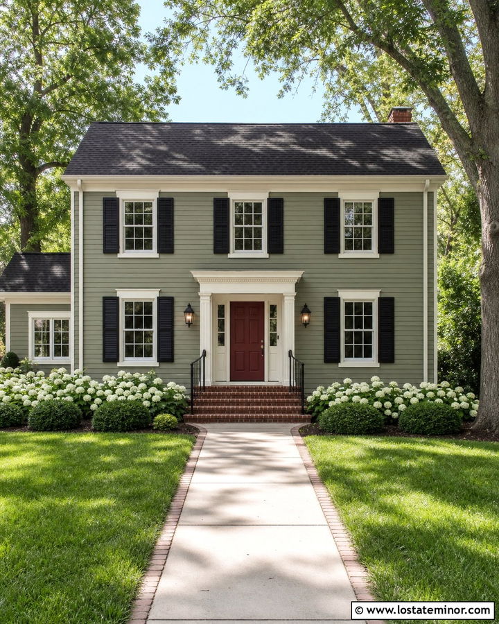 Sage Green House With Red Front Door And Black Shutters - 30 Sage Green House Design With Shutters Ideas