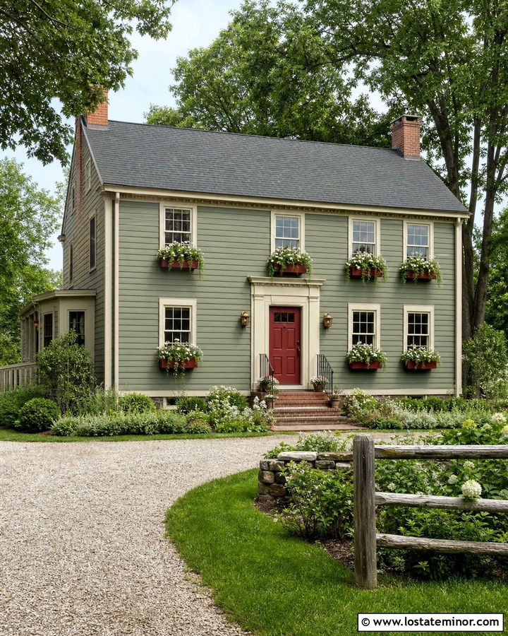 Sage Green House With Red Window Boxes - 30 Sage Green House Design With Window Boxes Ideas