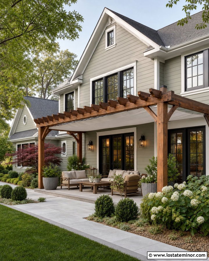 Sage Green House With Retractable Canopy Pergola - 30 Sage Green House Design With Pergola Ideas