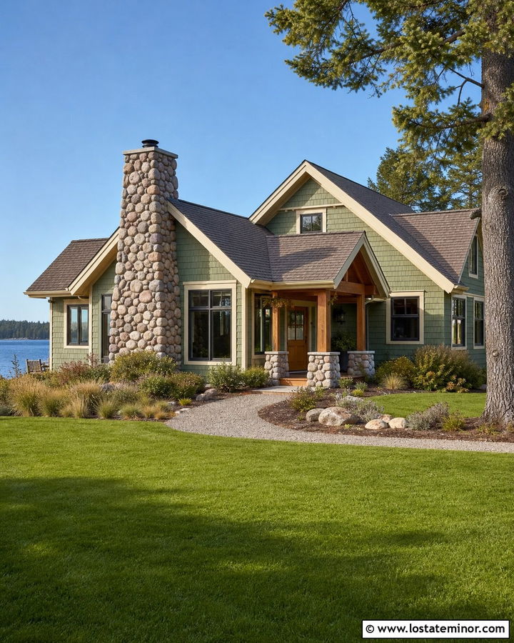 Sage Green House With River Rock Chimney - 30 Sage Green House Design With Chimney Ideas