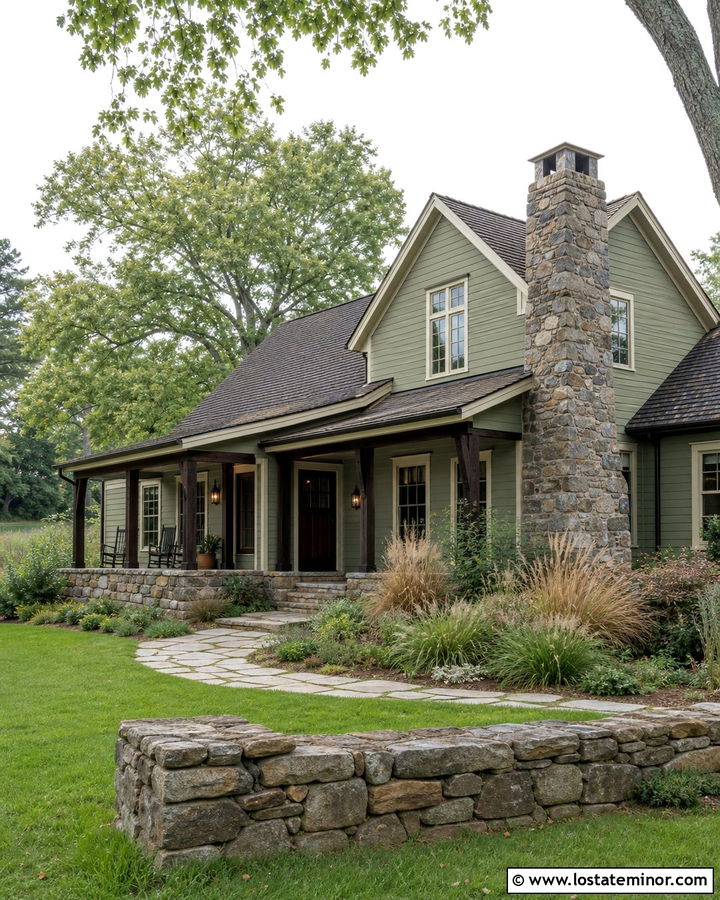 Sage Green House With Rustic Fieldstone - 30 Sage Green House Design With Stone Accents Ideas