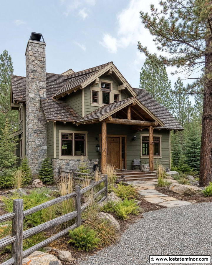 Sage Green House With Rustic Log Fence - 30 Sage Green House Design With Fence Ideas