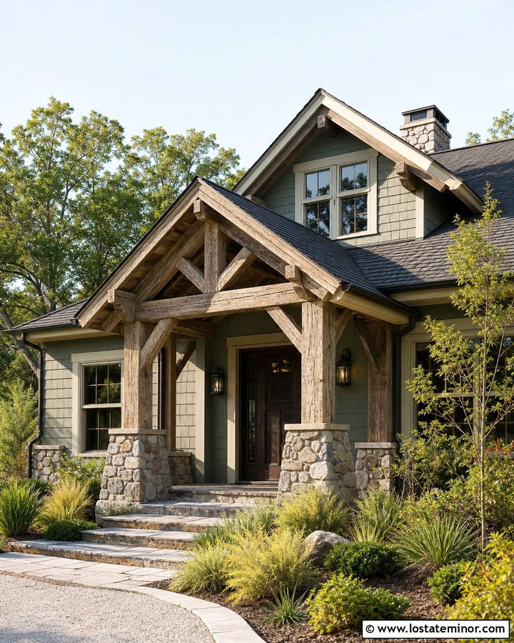 Sage Green House With Rustic Timber Portico - 30 Sage Green House Design With Portico Ideas