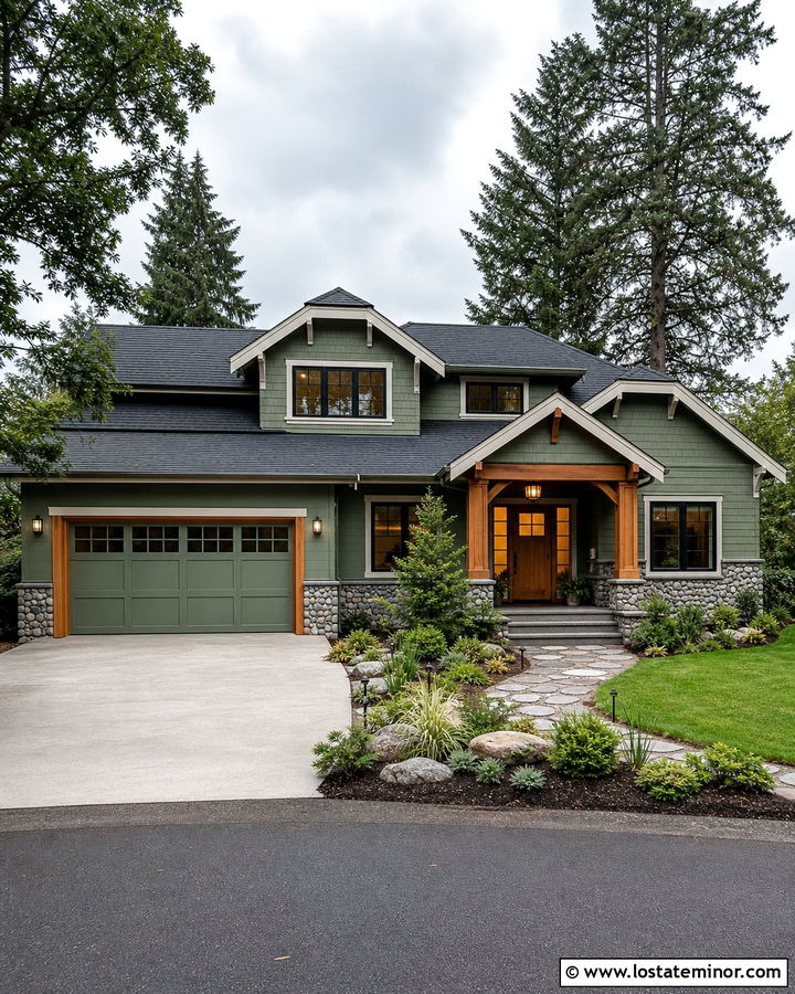 Sage Green House With Sage Garage Door And Wood Trim - 30 Sage Green House Design With Garage Door Ideas