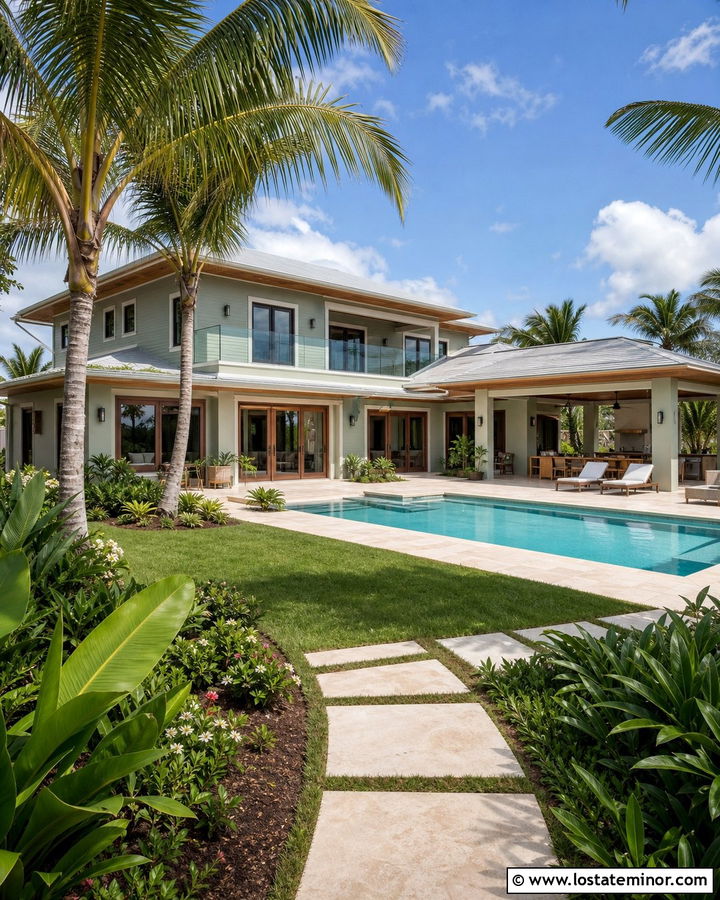Sage Green House With Saltwater Pool And Tropical Landscaping - 30 Sage Green House Design With Swimming Pool Ideas