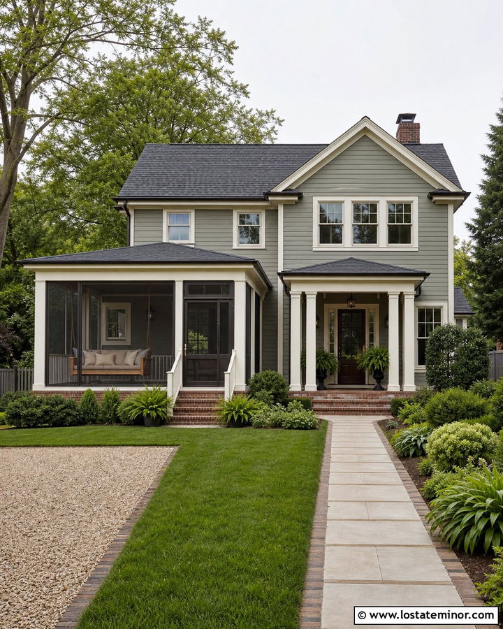 Sage Green House With Screened Porch Swing - 30 Sage Green House Design With Swing Ideas