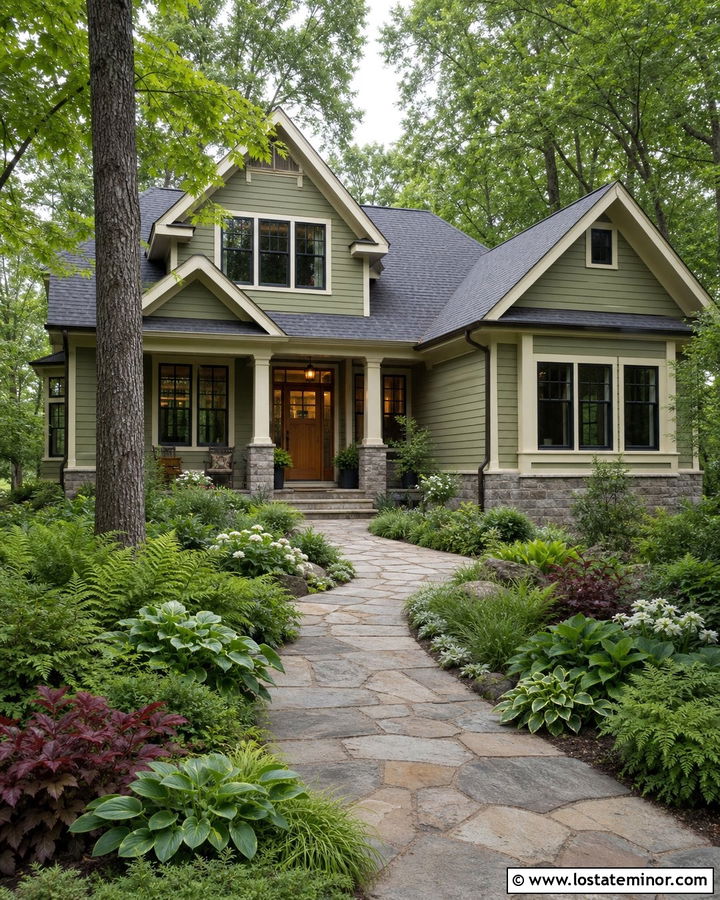Sage Green House With Shaded Woodland Landscaping - 30 Sage Green House Design With Landscaping Ideas