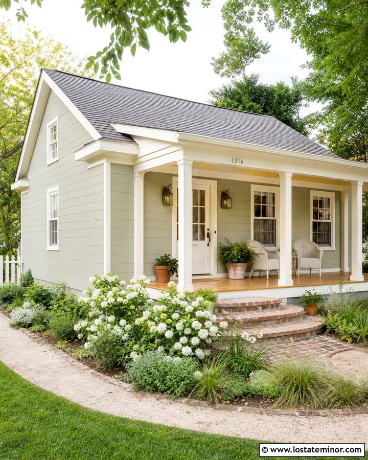 Sage Green House With Soft Yellow Porch Ceiling - 30 Sage Green House Design With Porch Ceiling Ideas