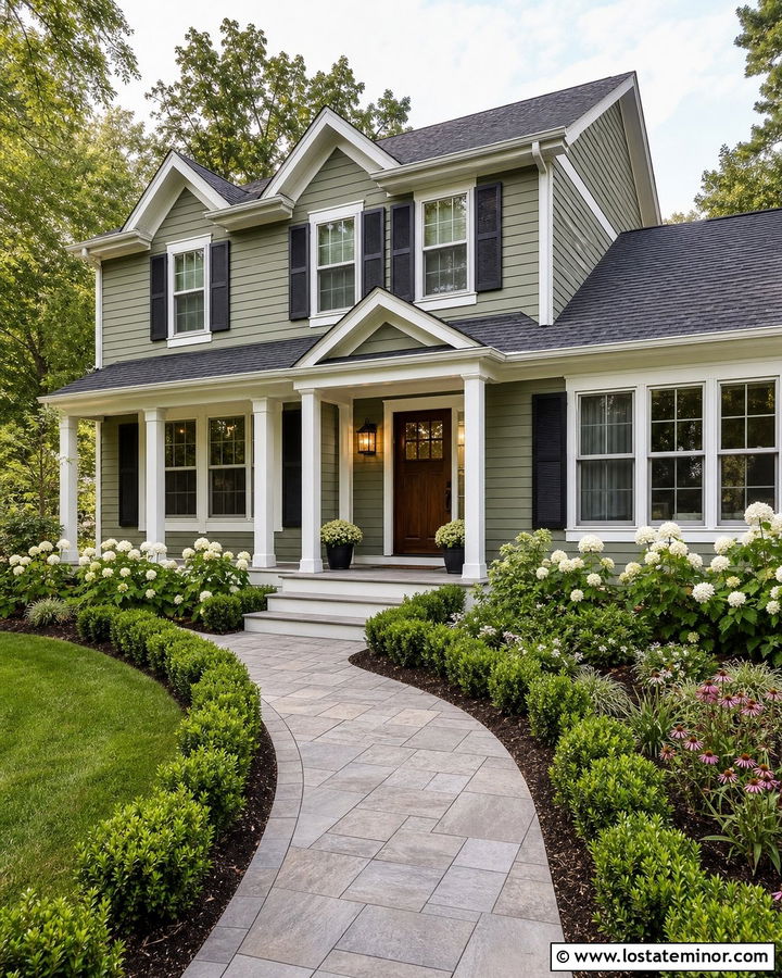Sage Green House With Stamped Concrete Walkway - 30 Sage Green House Design With Walkway Ideas