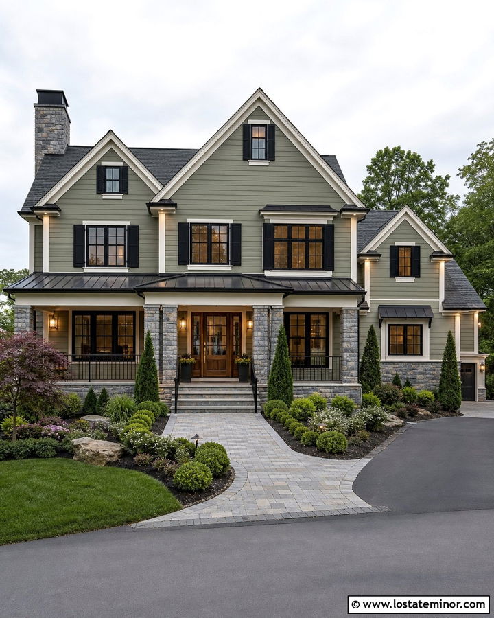 Sage Green House With Stone And Black Shutters - 30 Sage Green House Design With Shutters Ideas