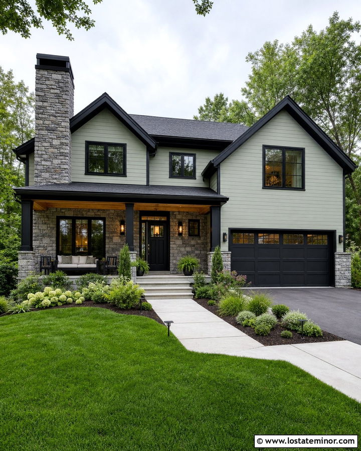 Sage Green House With Stone And Black Trim - 30 Sage Green House Design With Stone Accents Ideas