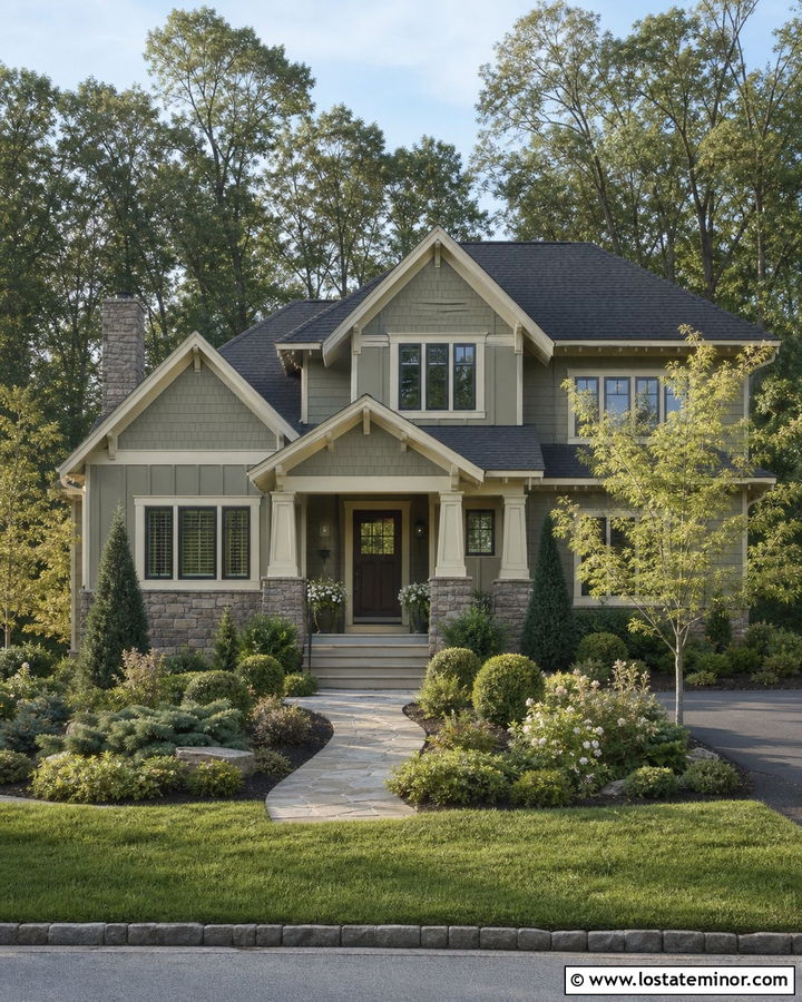 Sage Green House With Stone And Evergreen Landscaping - 30 Sage Green House Design With Landscaping Ideas