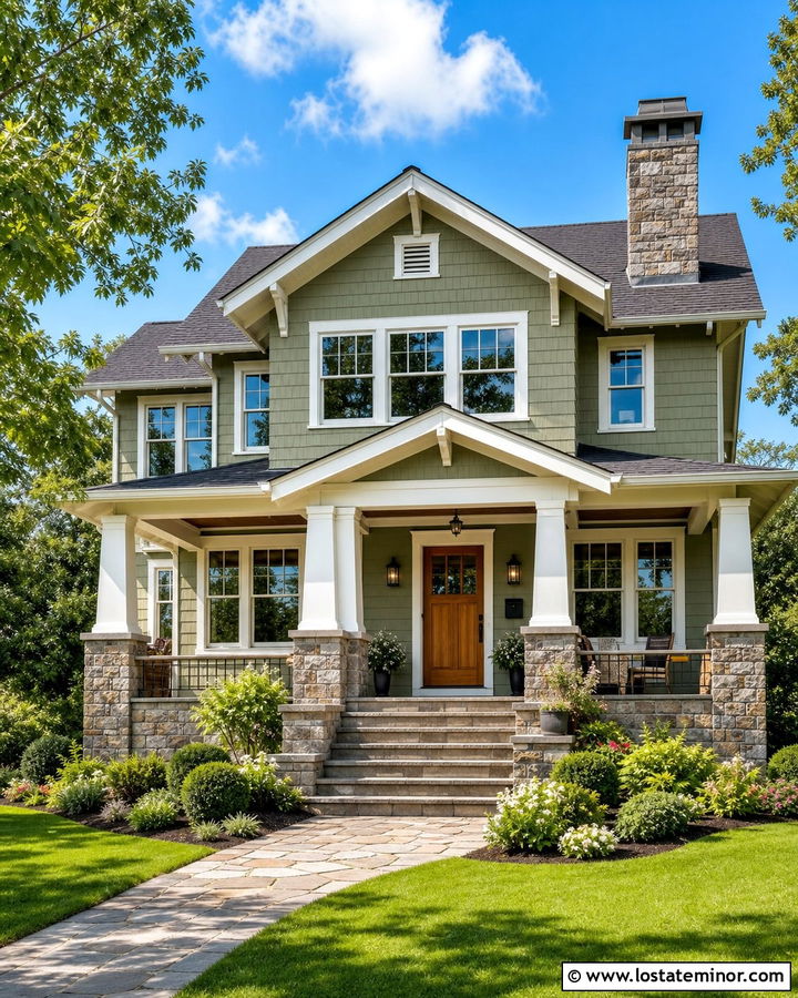 Sage Green House With Stone And White Trim - 30 Sage Green House Design With Trim Ideas