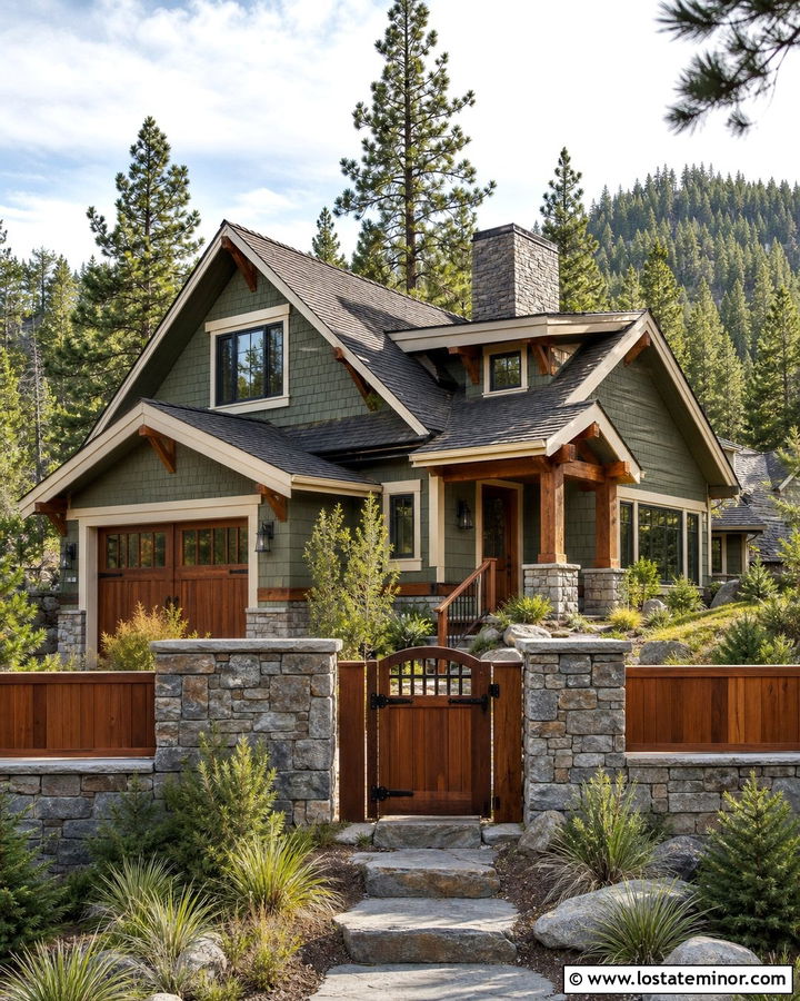 Sage Green House With Stone And Wood Fence - 30 Sage Green House Design With Fence Ideas