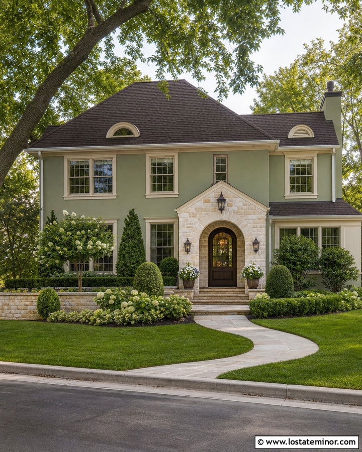 Sage Green House With Stone Archway - 30 Sage Green House Design With Stone Accents Ideas