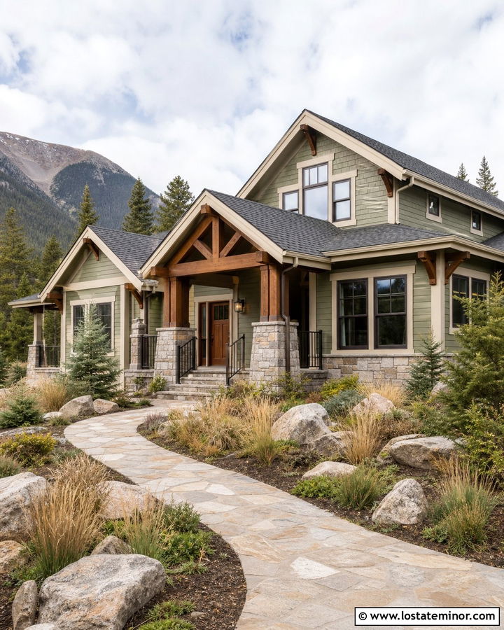 Sage Green House With Stone Base Wood Columns - 30 Sage Green House Design With Porch Columns Ideas