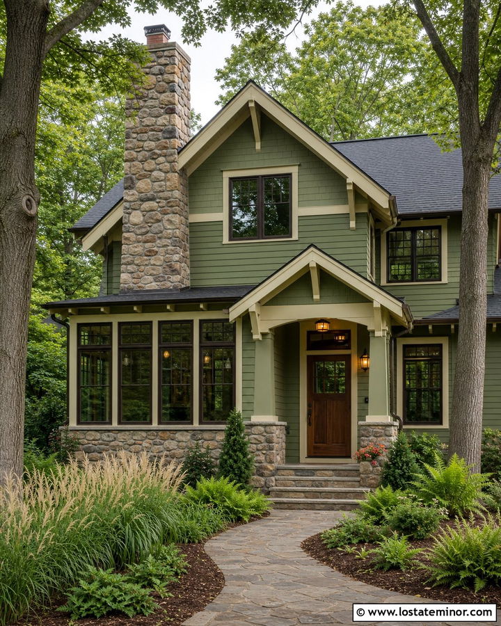 Sage Green House With Stone Chimney Sunroom - 30 Sage Green House Design With Sunroom Ideas