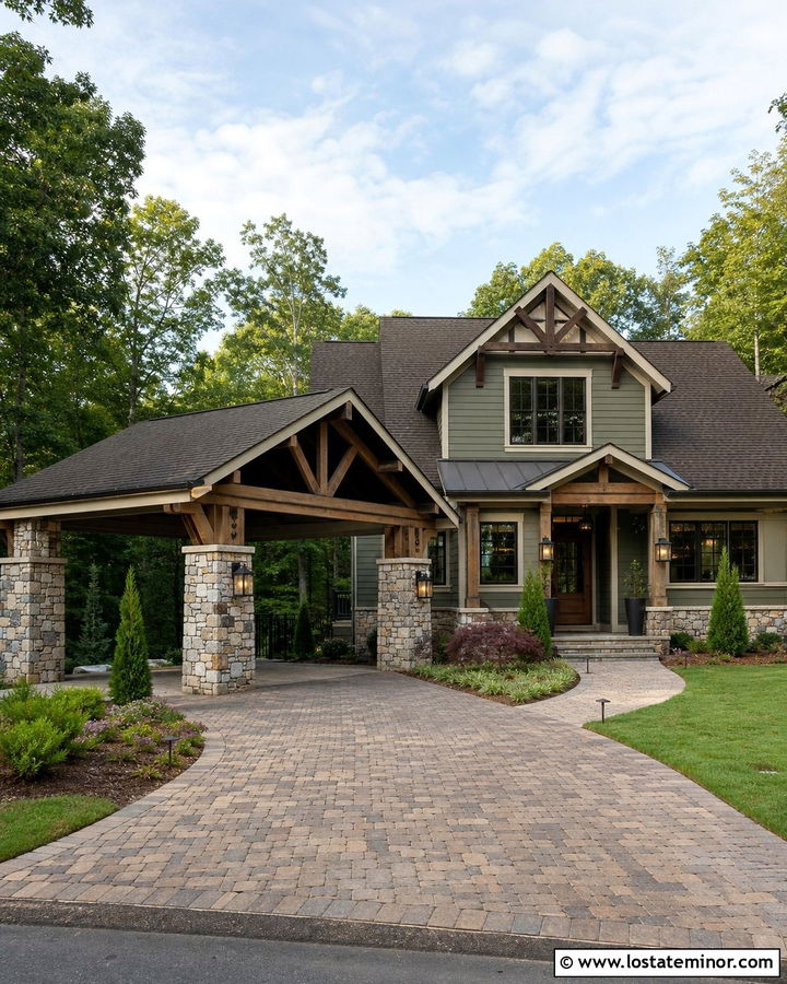 Sage Green House With Stone Column Carport - 30 Sage Green House Design With Carport Ideas