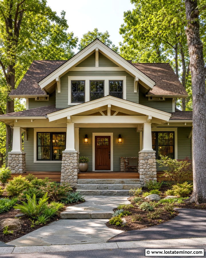 Sage Green House With Stone Deck Stairs - 30 Sage Green House Design With Deck Ideas