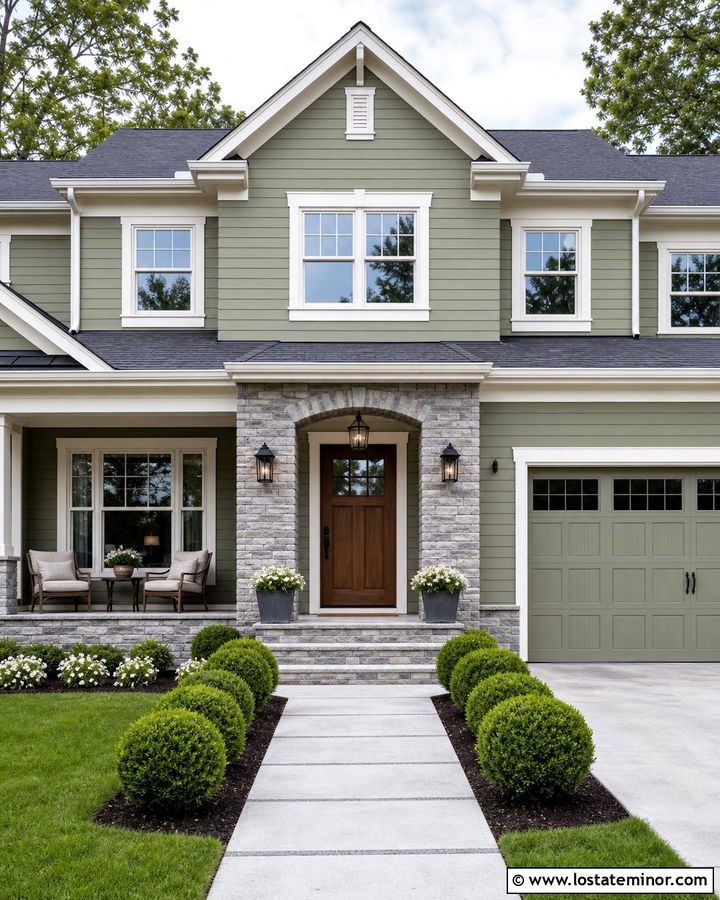 Sage Green House With Stone Front Entry - 30 Sage Green House Design With Stone Accents Ideas