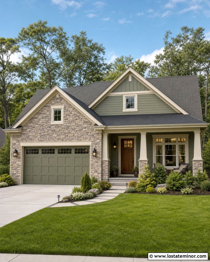Sage Green House With Stone Garage - 30 Sage Green House Design With Stone Accents Ideas