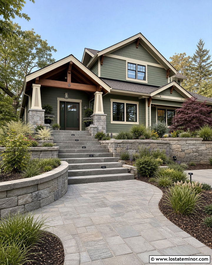 Sage Green House With Stone Landing Steps - 30 Sage Green House Design With Steps Ideas