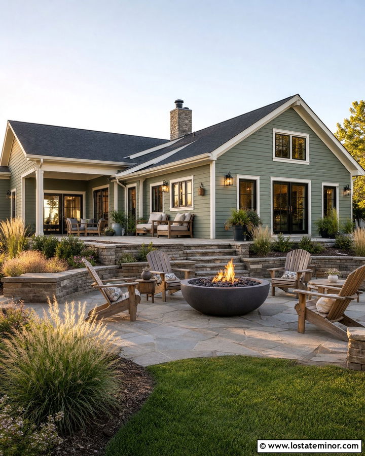 Sage Green House With Stone Patio And Fire Pit - 30 Sage Green House Design With Backyard Ideas