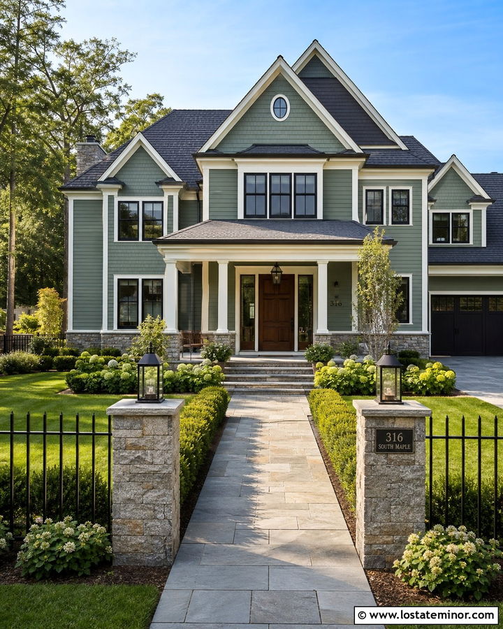 Sage Green House With Stone Pillars And Iron Fence - 30 Sage Green House Design With Fence Ideas
