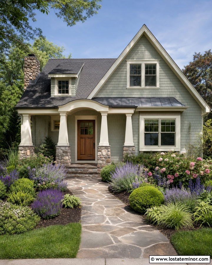 Sage Green House With Stone Porch And Cottage Garden - 30 Sage Green House Design With Front Yard Ideas
