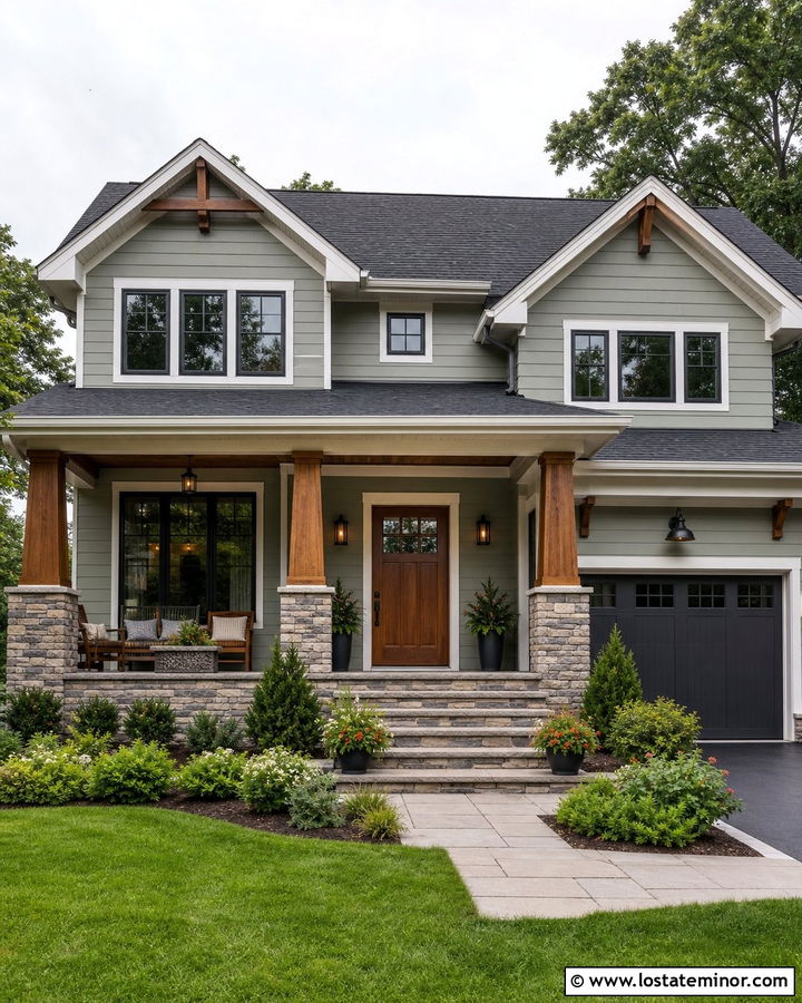Sage Green House With Stone Porch Columns - 30 Sage Green House Design With Stone Accents Ideas
