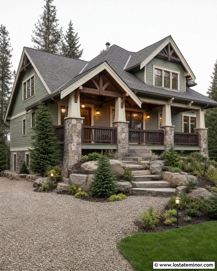 Sage Green House With Stone Porch Piers - 30 Sage Green House Design With Railings Ideas