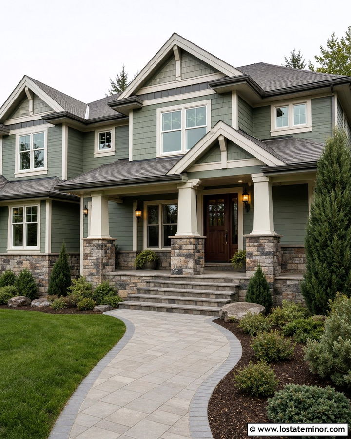 Sage Green House With Stone Veneer Columns - 30 Sage Green House Design With Porch Columns Ideas