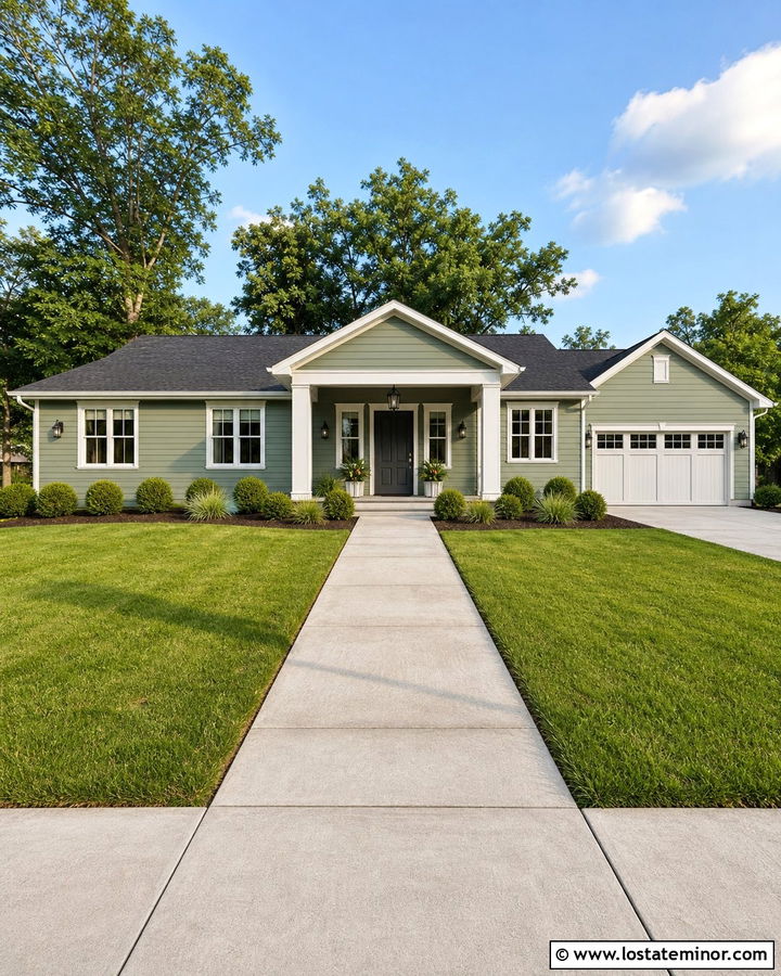 Sage Green House With Straight Concrete Walkway - 30 Sage Green House Design With Walkway Ideas
