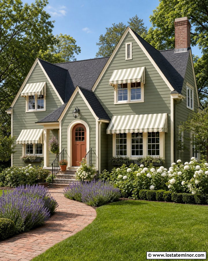 Sage Green House With Striped Window Awnings - 30 Sage Green House Design With Awning Ideas