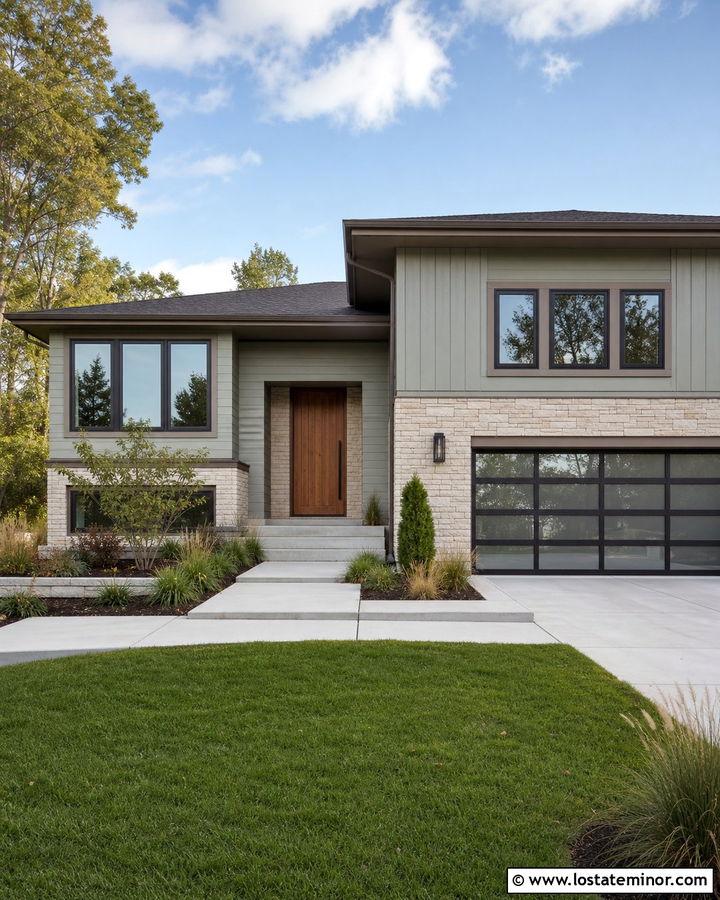 Sage Green House With Taupe Trim And Modern Entry - 30 Sage Green House Design With Trim Ideas