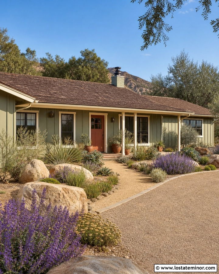 Sage Green House With Terracotta Door And Drought Tolerant Plants - 30 Sage Green House Design With Landscaping Ideas