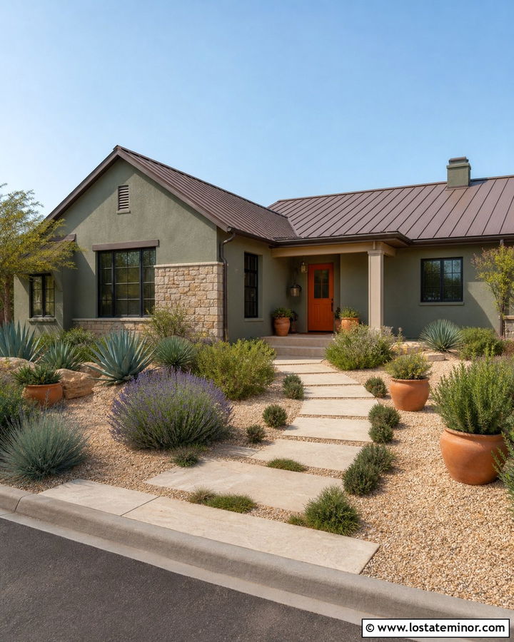 Sage Green House With Terracotta Door And Gravel Garden - 30 Sage Green House Design With Front Yard Ideas