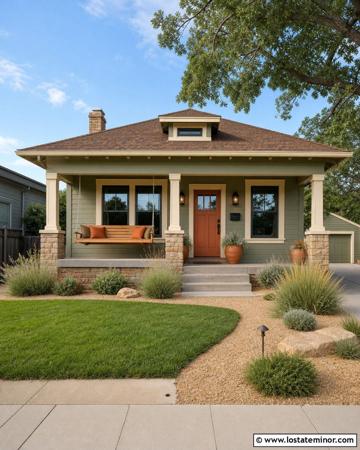 Sage Green House With Terracotta Door And Swing - 30 Sage Green House Design With Swing Ideas